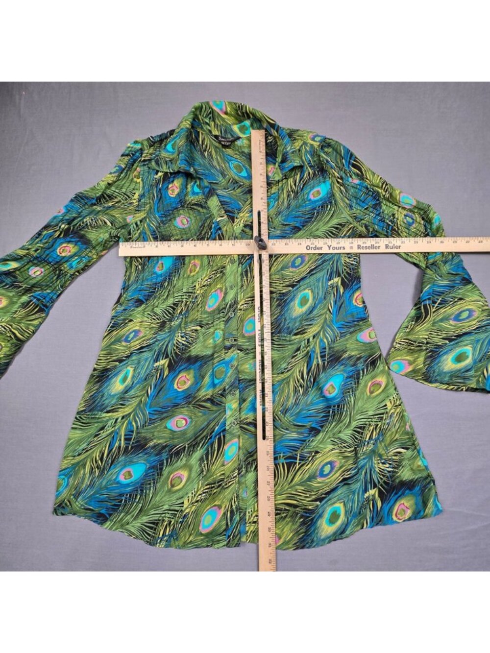 Sunny Taylor Large Y2K 90s Peacock Feather Top Long Sleeve Collared Green Blue - Picture 3 of 4